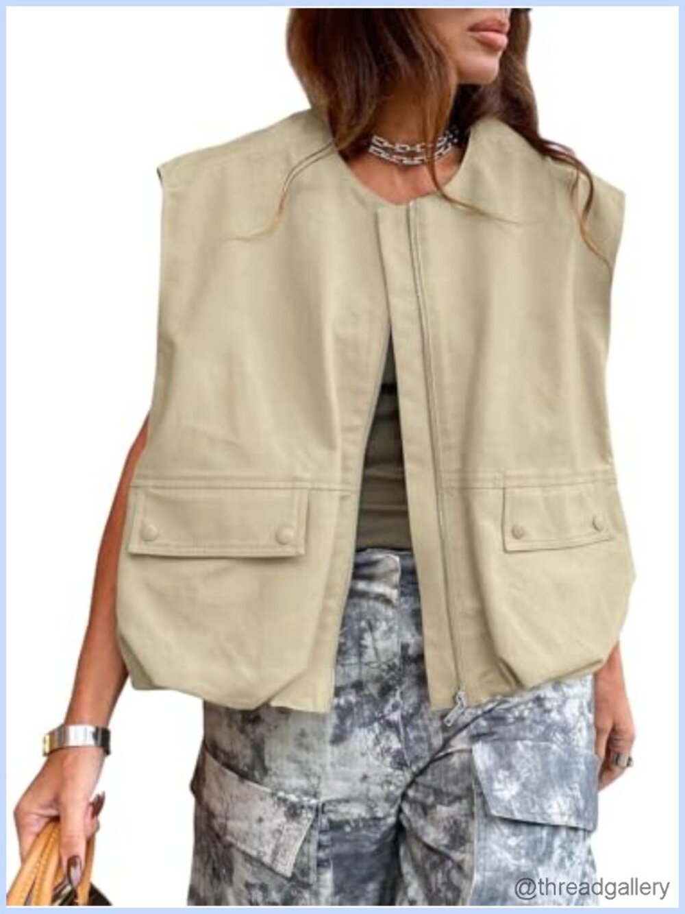 Womens Oversized Cargo Vest Sleeveless Zip-Up Jacket with Pockets